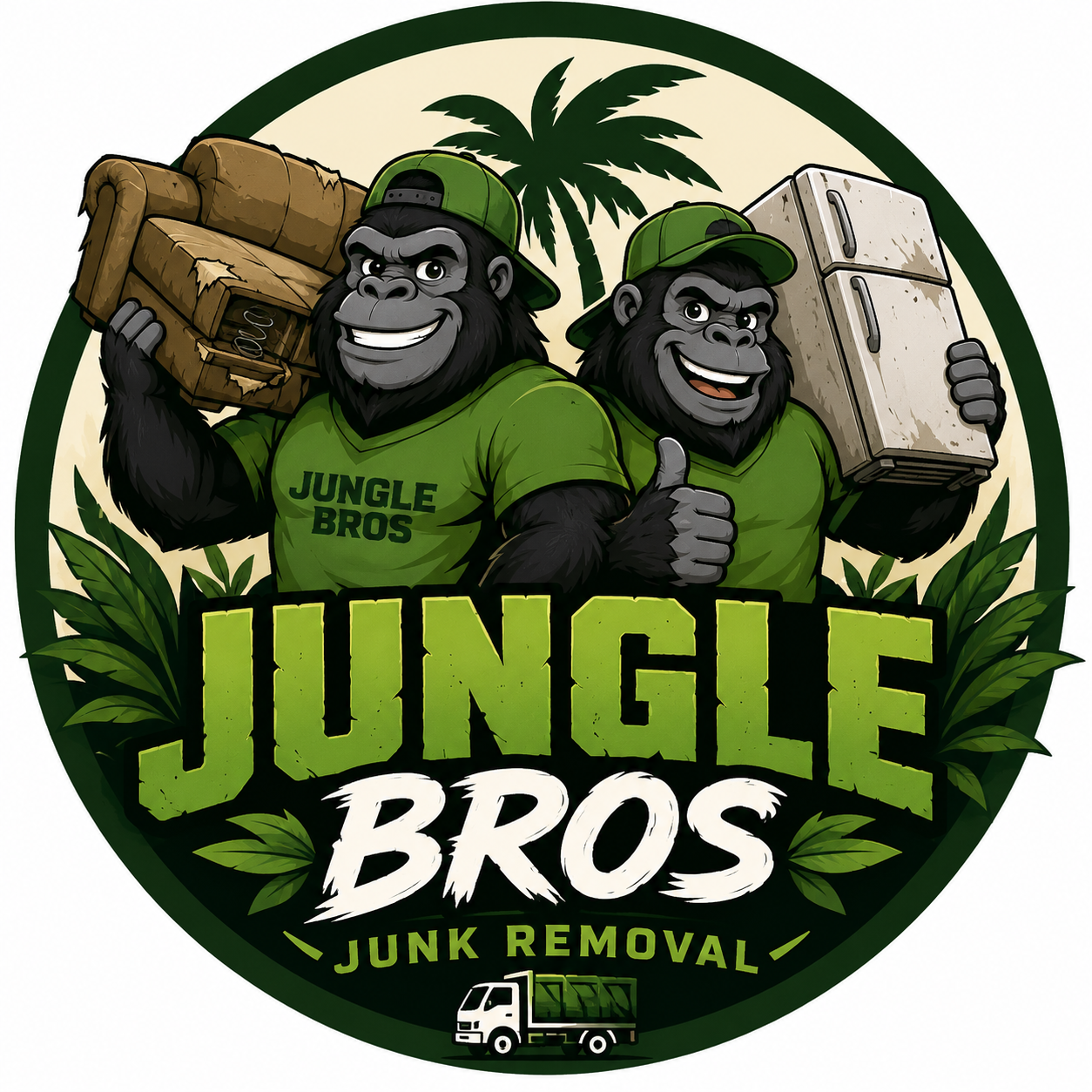 Jungle Bros Junk Removal—two gorillas carrying a couch and refrigerator
